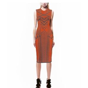 RVN “Chewa flat jacquard” orange and gray midi bodycon dress